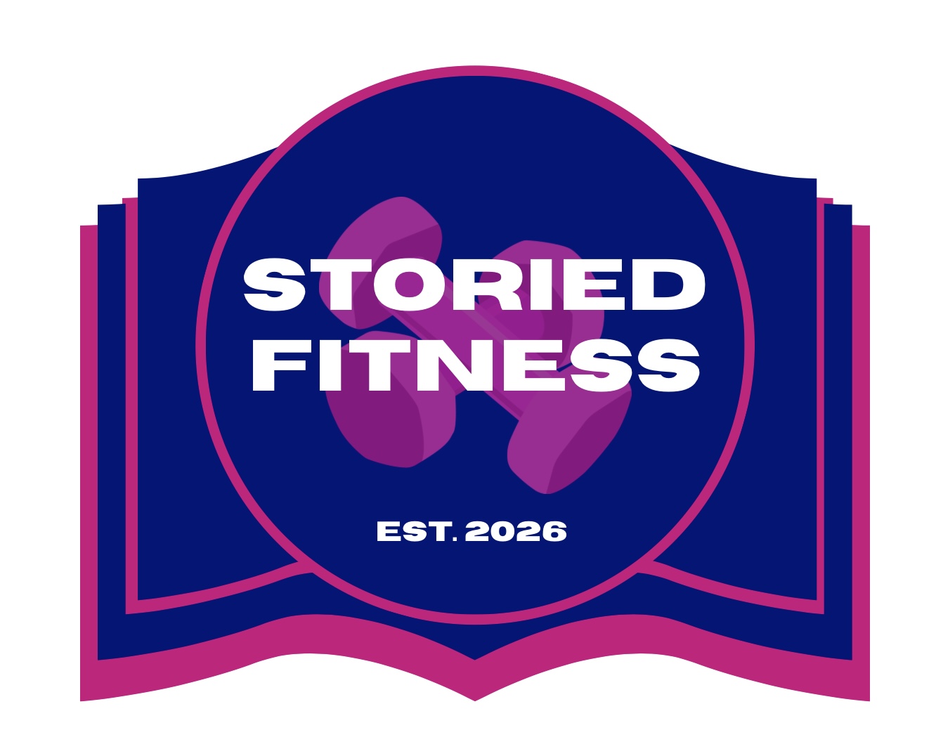 Book open with Storied Fitness text and hot pink dumbbells underneath